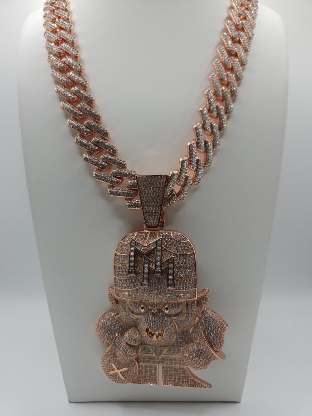Heavy Iced Out Solid 925 Silver Rose Gold Mojo JoJo Pendant / Chain 24in 19mm